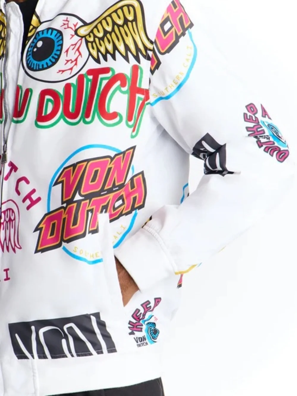 •White Jax• Von Dutch White Graphic Bomber Jacket | Y2K Streetwear Zip Jacket